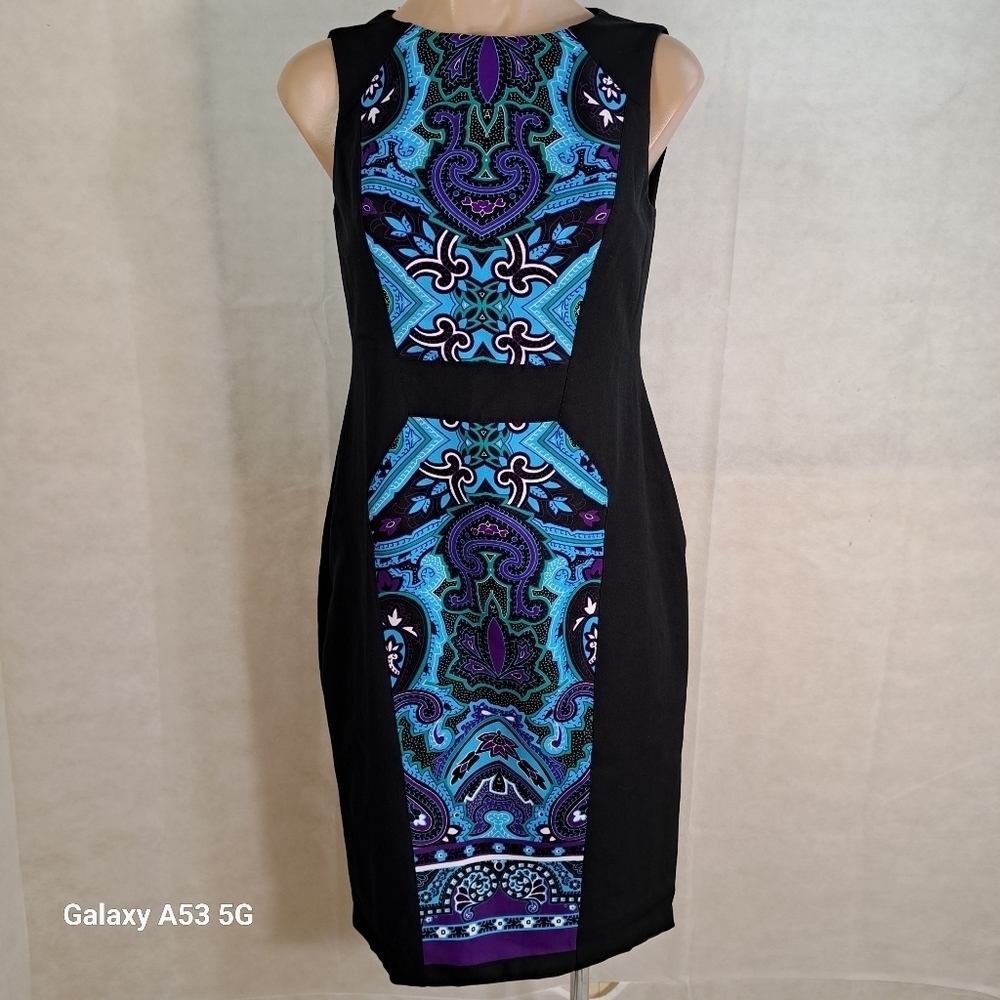 Cach'e Black, Purple & Teal Sheath Like Dress Women's Size 2